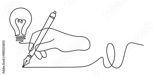 Continuous line drawing illustrating the connection between a creative idea and writing Vector, illustration