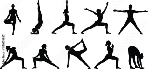 Black Silhouette Collection of Ten Women Practicing Various Yoga Poses and Stretching Exercises Isolated on White Background for Wellness Fitness Health and Mindful Meditation Design