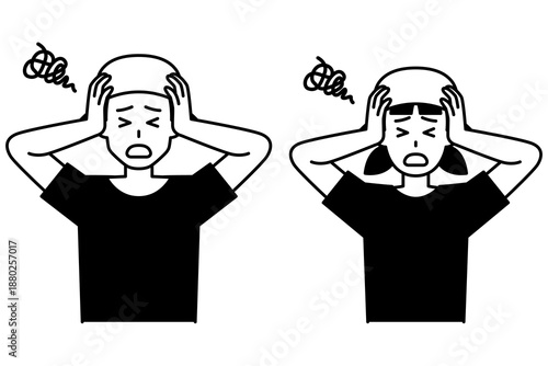 頭を抱えて悩む居酒屋の男女の店員　セット