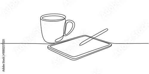 A continuous line drawing of a coffee mug and a graphics tablet with stylus, representing creativity and design Vector, illustration