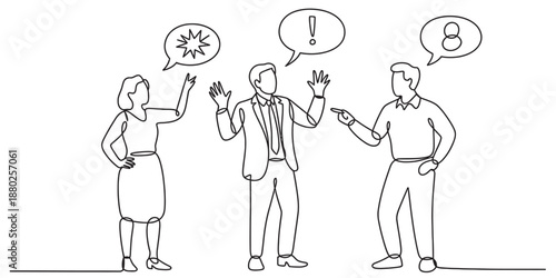 Continuous line drawing illustrating conflict and communication breakdown among three business colleagues Vector, illustration