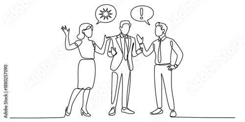 A continuous single line drawing depicts a business conflict or heated discussion among three colleagues. Vector, illustration