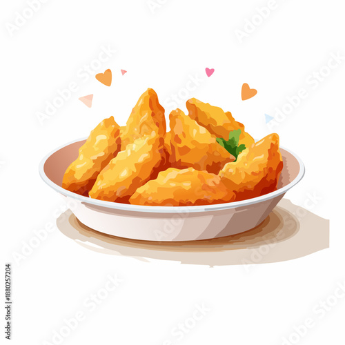 Crispy golden brown fried chicken pieces arranged in a white bowl garnished with parsley on a white background with small heart decorations above