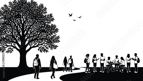 Black Silhouette Illustration of Students Walking in Park Under Large Tree and Sitting at Picnic Table on University Campus Outdoors for Education Design(