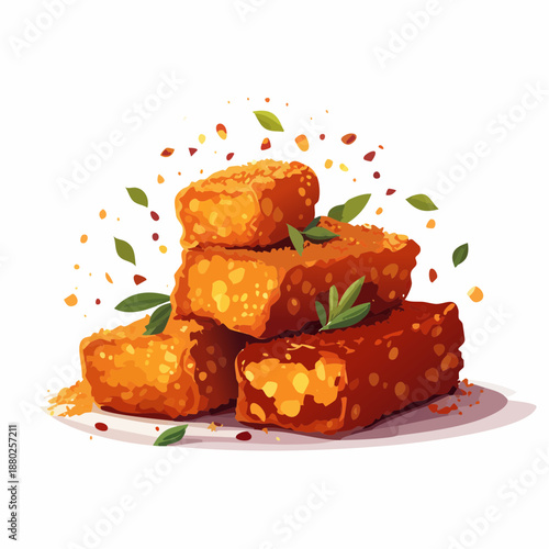 Crispy golden brown fried food appetizers arranged in a stack with green herb garnish and scattered red pepper flakes on a white plate a delicious snack food photography isolated on white