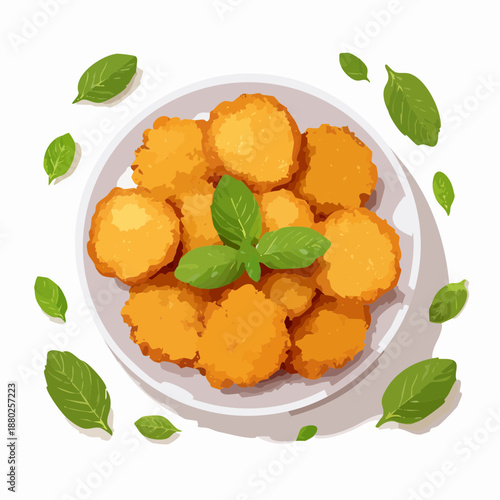 Golden Brown Chicken Nuggets Arranged Artfully on a White Plate Garnished with Fresh Green Basil Leaves Surrounded by Scattered Basil Sprigs A Top Down View of Appetizing Comfort Food on an Isolated