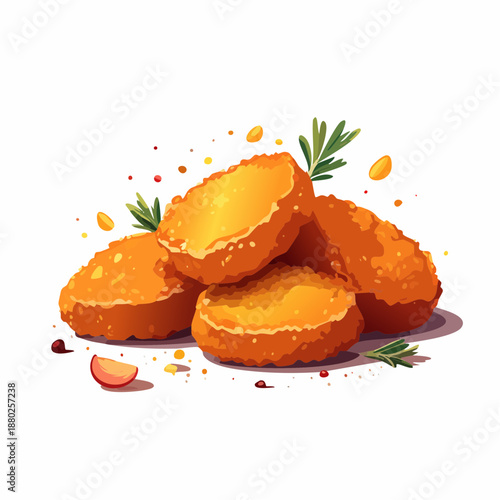 Golden Brown Crispy Chicken Nuggets Pile with Rosemary and Red Pepper Flakes on a White Background Appetizing Fast Food Snack Delicious Comfort Food Presentation Studio Lighting