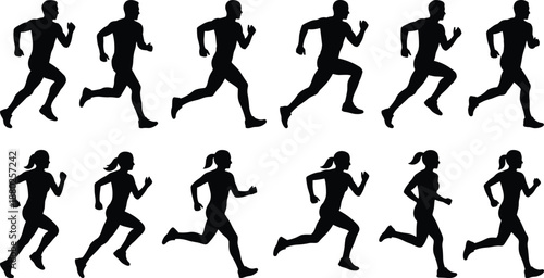 Black Silhouette Male and Female Runner Sprite Sheet Motion Sequence for Animation Isolated on White Background Representing Fitness Exercise Athletics Jogging and Active Lifestyle