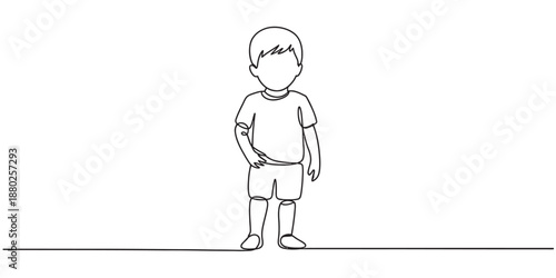 A continuous single line drawing of a small boy standing and looking forward in a simple outfit Vector, illustration
