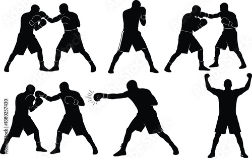 Black Silhouette Male Boxers in Various Poses Including Sparring Punching and Victory Celebration Isolated on White Background for Sports Training Fitness and Combat Competition Design