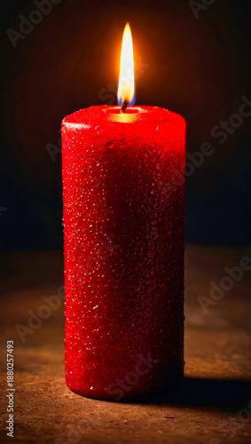 Red candle with bright flame on a dark background