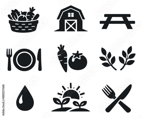 Glyph agriculture and food set featuring farm, garden and kitchen elements for healthy lifestyle