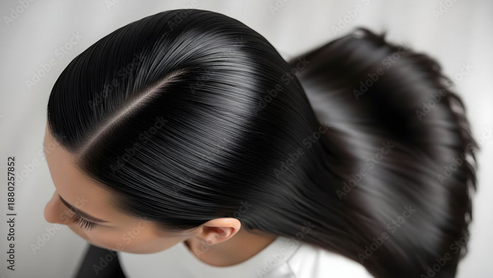 Fototapeta premium Top view of woman with long shiny straight black hair showing clean parting and glossy texture, hair care concept for salon keratin treatment and healthy scalp nourishment