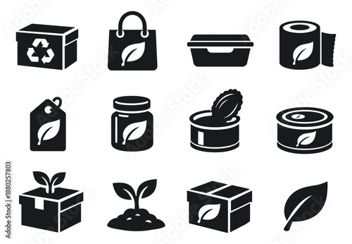 Modern flat icon eco packaging set featuring recycling boxes, reusable bags, and plant sprouts for sustainability projects