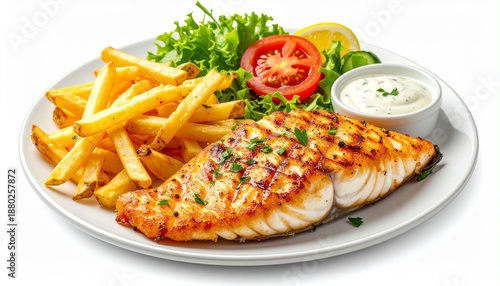 Australian Fried barramundi Fish and Chips on white background