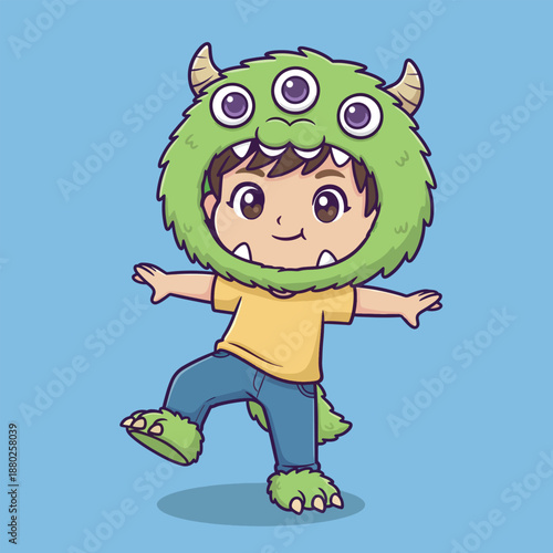 Cartoon child wearing green monster costume. Monster hat. Kids Halloween outfit. Green furry monster head. Yellow shirt. Blue pants. Vector illustration.