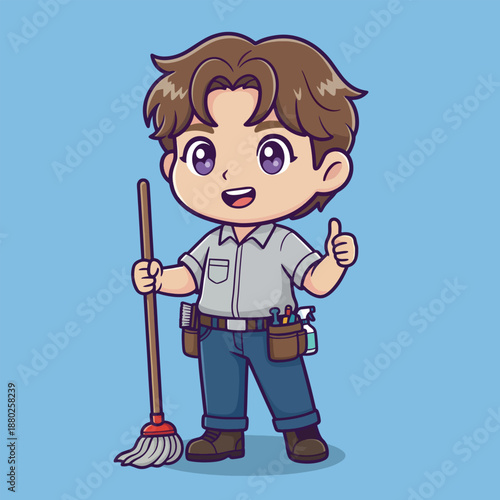 Cartoon boy character with broom. Happy young janitor. Cleaning service worker. Vector illustration on blue background. Boy with tool belt. Smiling kid with thumbs up. Janitor cartoon.