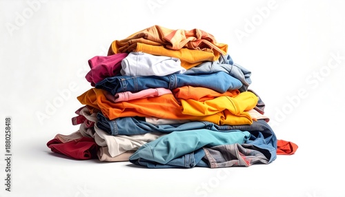 A large pile of colorful folded clothes stacked high against a white background.