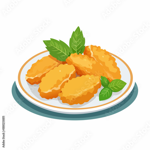 Crispy golden brown chicken nuggets served on a white plate with fresh green basil leaves as garnish a simple and delicious appetizer or snack option on a white background