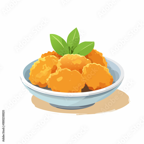 Crispy golden brown chicken nuggets piled high in a light blue ceramic bowl garnished with fresh green basil leaves on a white background studio lighting appetizing snack food photography