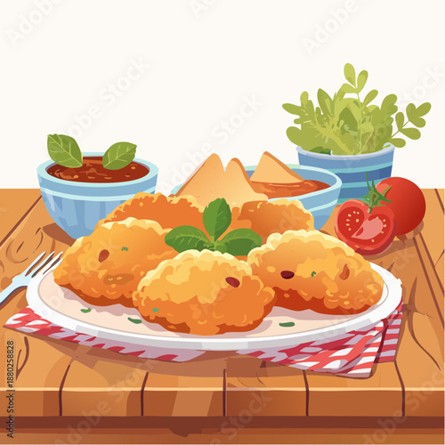 Crispy golden fried chicken pieces served with a side of tomato dipping sauce and fresh basil garnish on a white plate with a red checkered napkin against a light background and rustic wooden table