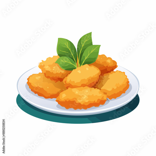 Golden Brown Chicken Nuggets Served on a White Plate with Fresh Green Basil Leaves and Teal Shadow on White Background