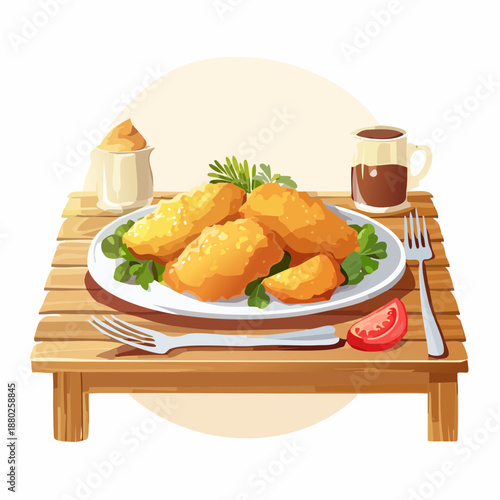 Golden Brown Chicken Nuggets Served on a White Plate with Fresh Parsley and a Sliced Tomato Accompanied by a Drink and Condiments on a Wooden Table with Natural Lighting
