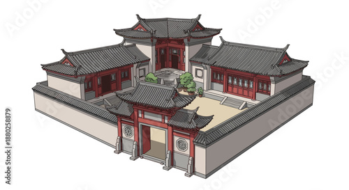 Traditional East Asian architecture courtyard vector illustration