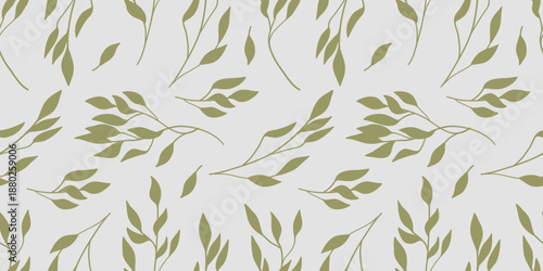 Elegant seamless pattern featuring hand drawn green leaves and branches on a neutral light grey background for textile and wallpaper.