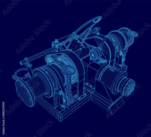 A detailed 3D wireframe model of a ship's windlass winch, displayed on a clean blue background. This technical blueprint features intricate mechanical details and realistic representation.
