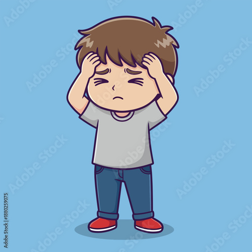 Cartoon boy with headache. Stressed child illustration. Brown hair. Gray t-shirt. Blue jeans. Red shoes. Frustrated face. Hand on head. Vector character. Blue background.