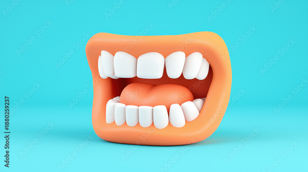 Naklejka premium Cartoon mouth 3d render clean teeth tongue bright color minimal background blue background oral health cute character abstract cartoon