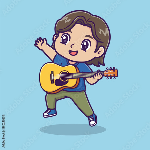 Cartoon boy playing guitar. Happy child with acoustic guitar. Vector illustration of kid musician. Blue background. Musician cartoon character. Guitar player. Boy with guitar. Vector