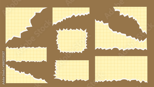 Set of yellow torn notebook paper pieces. Ripped paper strips. Realistic notepad sheets, scraps of notebook grid page, with torn edges.Vector illustration.