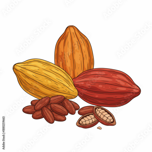 Illustration of three cocoa pods yellow orange red and loose beans