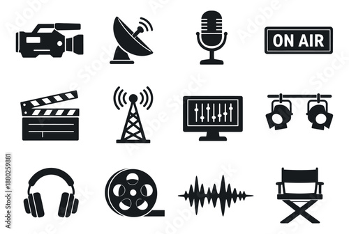 Media production icon set featuring a camera, microphone, and clapperboard for film and broadcasting