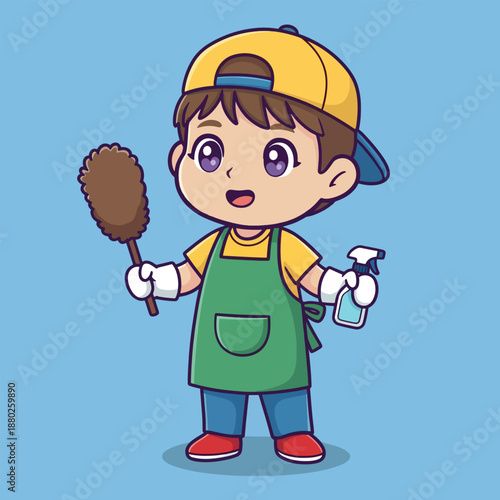Cartoon boy character. Cleaning worker illustration. Kid with duster and spray bottle. Vector character on blue background. Cleaning service icon. Cartoon style.