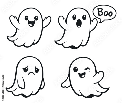 Cute hand drawn line art ghost character set featuring different expressive faces for Halloween projects