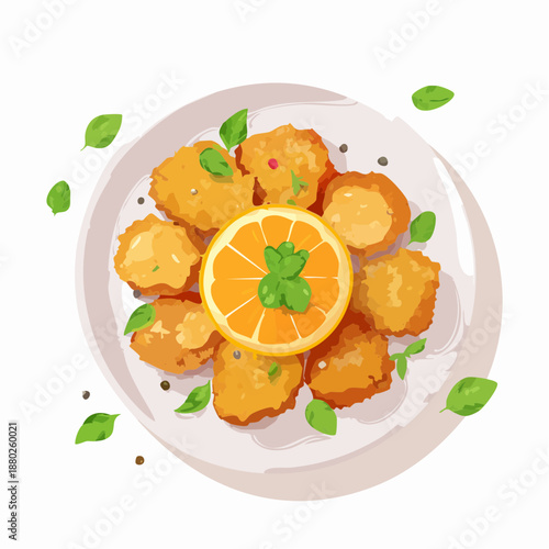 Delicious golden brown chicken nuggets arranged attractively on a white plate garnished with fresh green basil leaves and a vibrant slice of orange with peppercorns scattered around ideal for food
