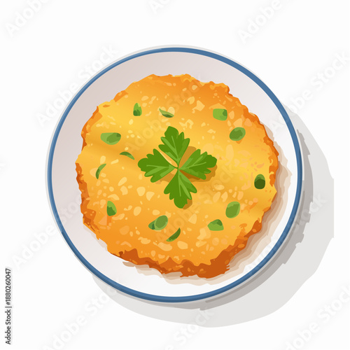 Top view of a golden brown crispy hash brown patty garnished with fresh green parsley and chopped scallions served on a white plate with a blue rim casting a soft shadow on a white background a