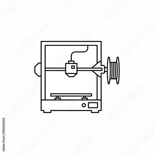 Line art illustration of a desktop FDM 3D printer with filament spool