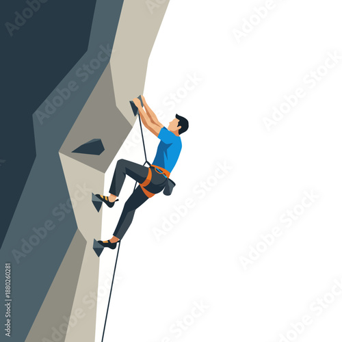 Male rock climber ascending a steep angular rock face using climbing holds and a rope