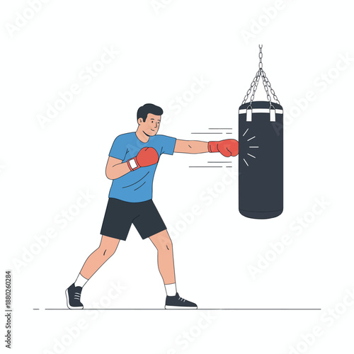 Man in blue shirt throwing a punch at a dark hanging punching bag