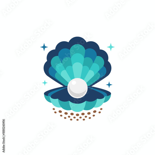 Open scallop shell with a white pearl blue hues and small brown dots