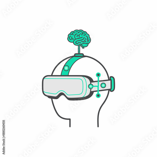 Outline of a head wearing a VR headset with a brain attached on top