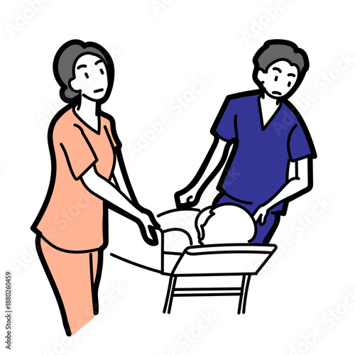 ストレッチャーで患者を急いで搬送する医師と看護師のイラスト｜病院内での緊急対応や救急医療現場の緊迫したシーンのイメージ