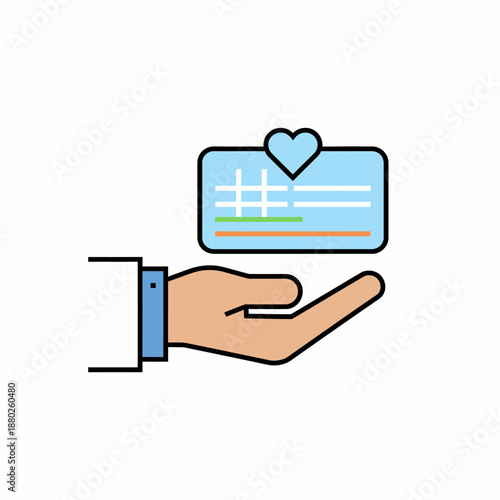 Outstretched hand holding a light blue card with a heart icon