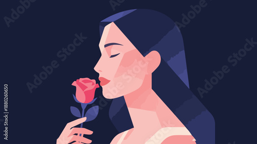 Illustration Of Woman Holding Rose Near Face Vector Design Template