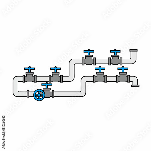 Schematic diagram of interconnected pipes and valves in gray and blue tones