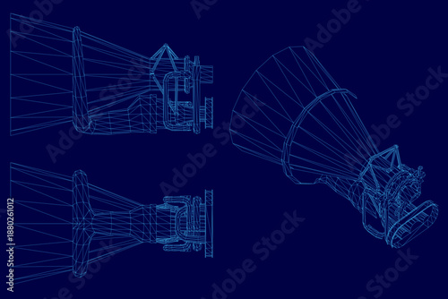 A detailed 3D wireframe model of a rocket engine set, presented as a technical blueprint on a solid blue background.